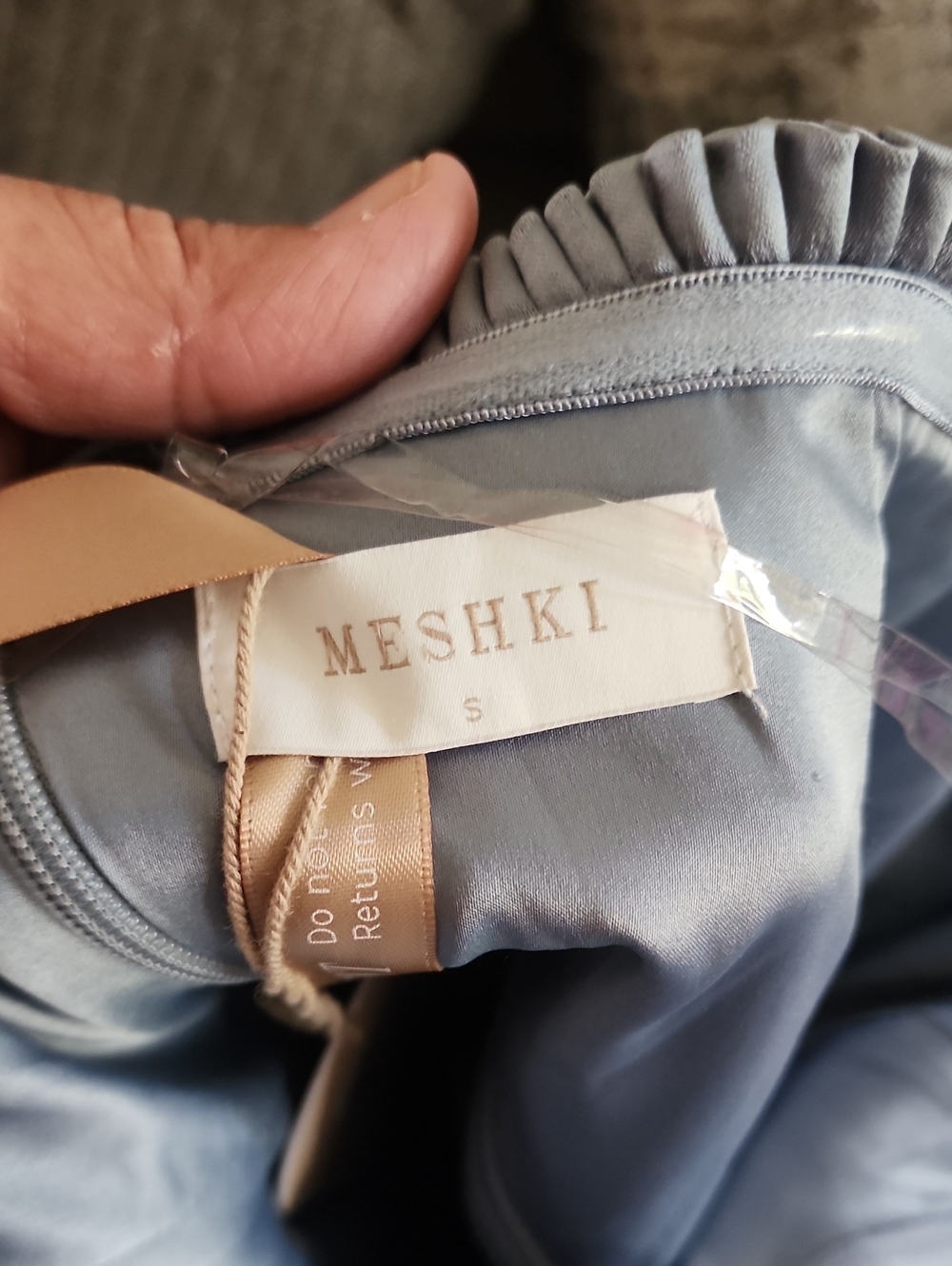 Meshki Slate Blue Strapless Satin Gown with High Slit - Picture 11 of 12